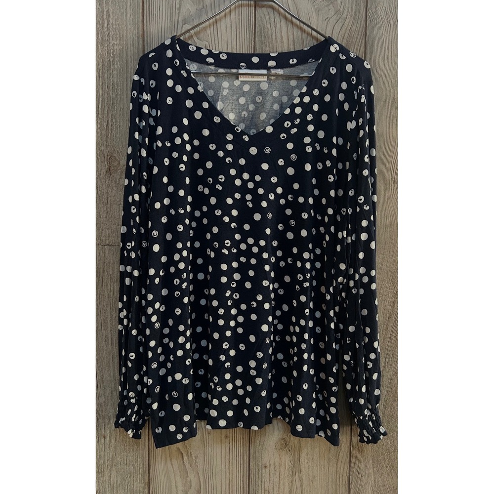 Belle by Kim Gravel Womens XL Navy Blue Polka Dot V-Neck Long Sleeve Top